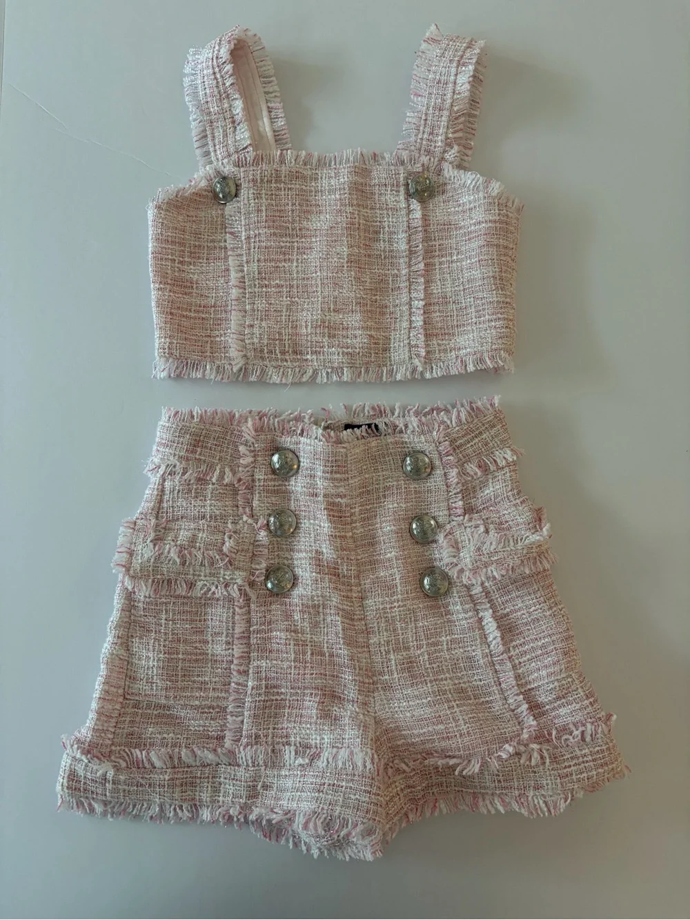 Bardot Junior Gamela Bouclé Set Pink Fringe Tweed Top High Waist Shorts Girls 7